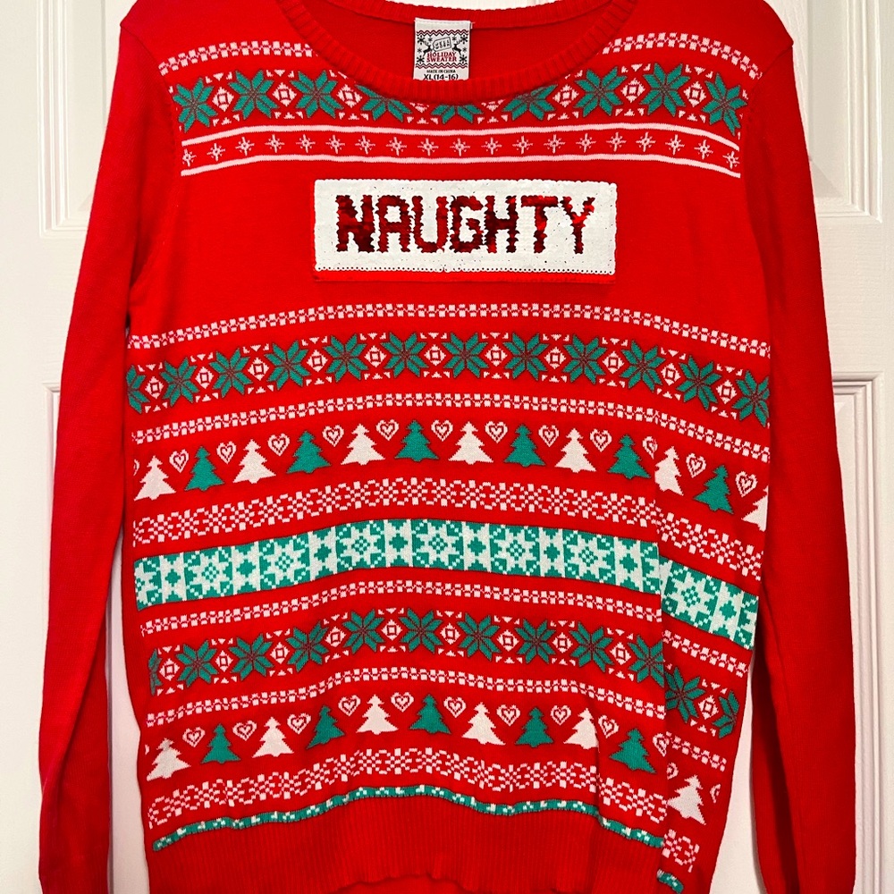 Naughty/nice reversible sequin Christmas sweater Girls size XL